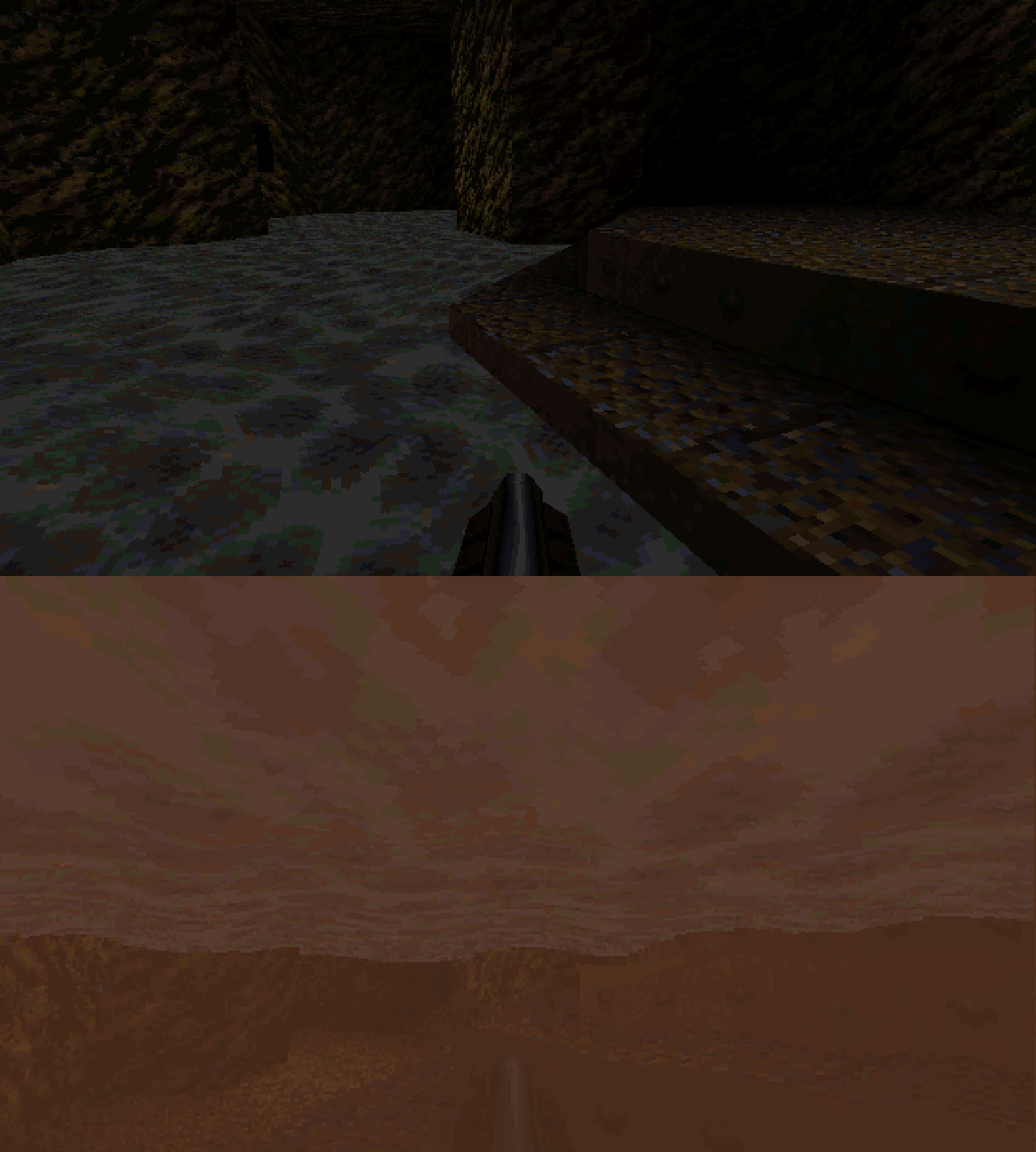Auf zwei Screenshots aus dem Computerspiel 'Quake' wird die Wasseroberfläche und die Ansicht unter Wasser gezeigt.
