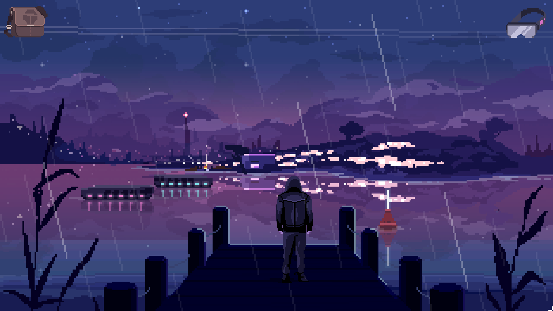 Szene aus dem Computerspiel 'Virtuaverse' in dem der in Lederjack und Kapuze gekleidete Protagonist nachts auf einem Steg steht und aufs Wasser blickt.