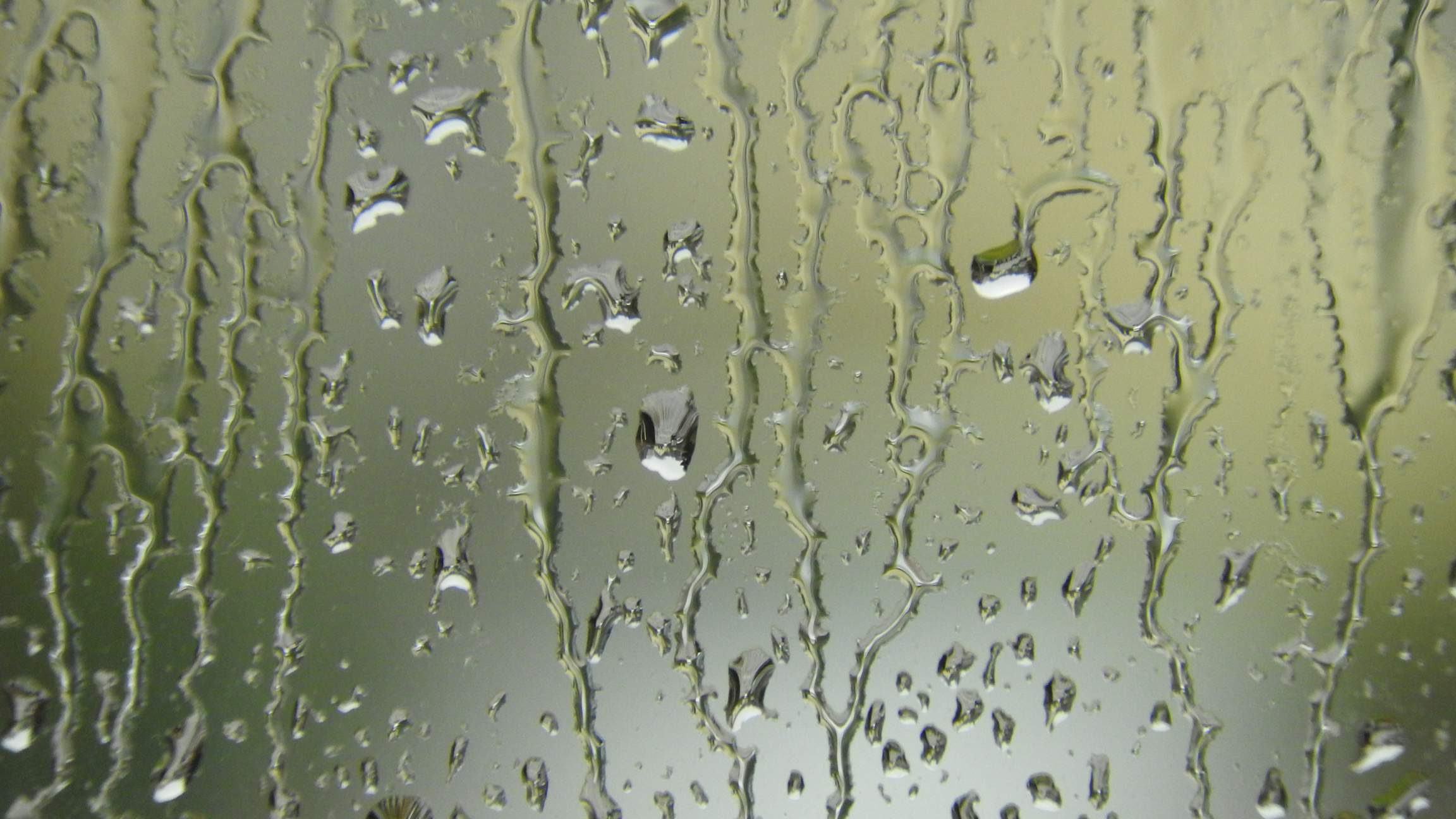 Das Bild zeigt Regentropfen auf einer Fensterscheibe. Bei genauem Hinsehen kann man in den Regentropfen das Haus am anderen Ende der Straße verkehrt herum sehen, weil die Tropfen als Linsen wirken.