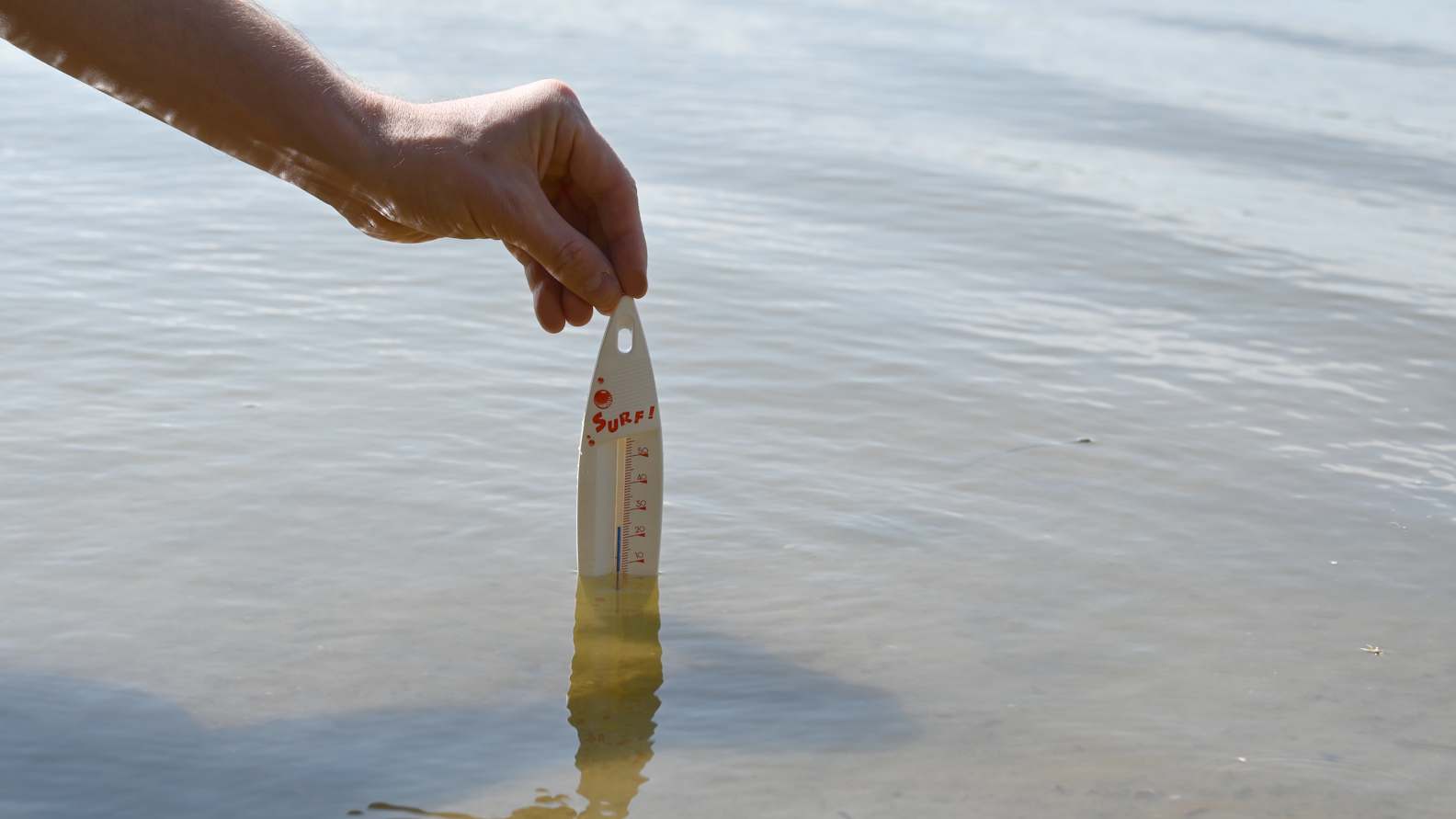 Eine Person, von der nur die Hand zu sehen ist, hält ein Badethermometer in das flache Wasser eines Sees.